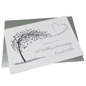 11th Wedding Anniversary Card - Steel 11 Year Eleventh Anniversary Luxury Greeting Card, Personalised  - Sweeping Heart