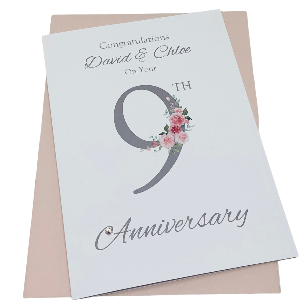 9th Anniversary Card - Pottery 9 Year Ninth Wedding Anniversary Luxury Greeting Card Personalised - Floral Number