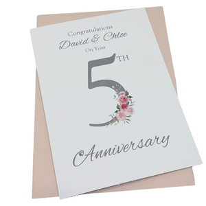 5th Anniversary Card - Wood 5 Year Fifth Wedding Anniversary Luxury Greeting Card Personalised - Floral Number