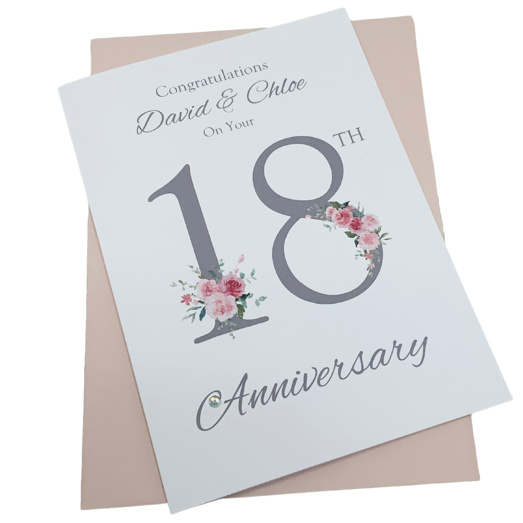 18th Wedding Anniversary Card - Porcelain 18 Year Eighteenth Anniversary Luxury Greeting Card, Personalised - Floral Number