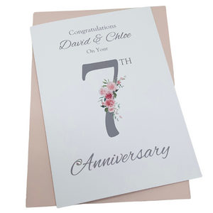 7th Anniversary Card - Copper 7 Year Seventh Wedding Anniversary Luxury Greeting Card Personalised - Floral Number