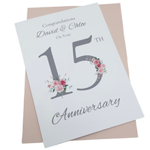 Load image into Gallery viewer, 15th Wedding Anniversary Card - Crystal 15 Year Fifteenth Anniversary Luxury Greeting Card Personalised - Floral Number
