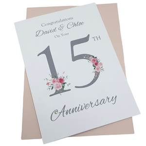 15th Wedding Anniversary Card - Crystal 15 Year Fifteenth Anniversary Luxury Greeting Card Personalised - Floral Number