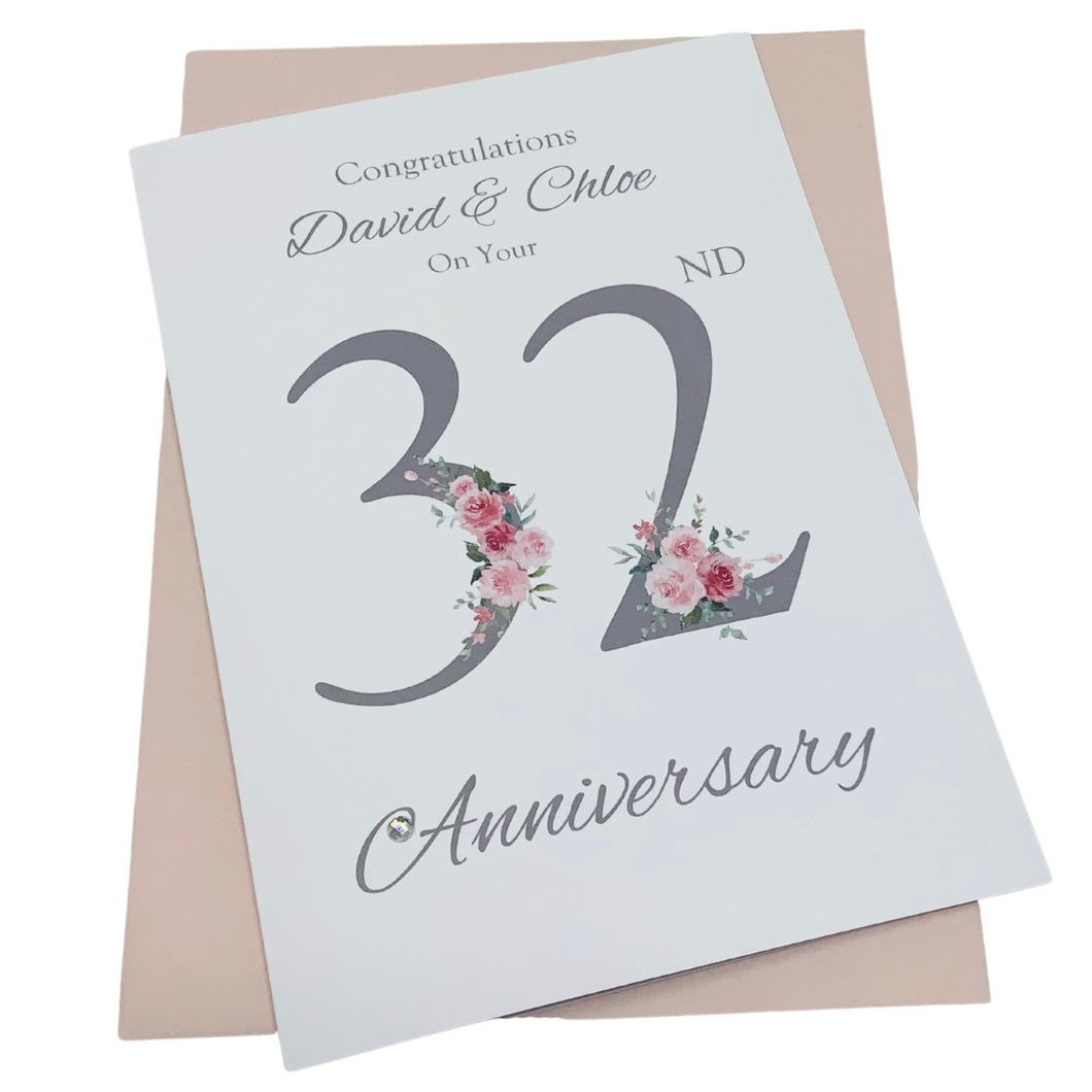 32nd Wedding Anniversary Card - Lapis 32 Year Thirty Second Anniversary Luxury Greeting Card, Personalised - Floral Number