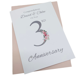 3rd Anniversary Card - Leather 3 Year Third Wedding Anniversary Luxury Greeting Card Personalised - Floral Number