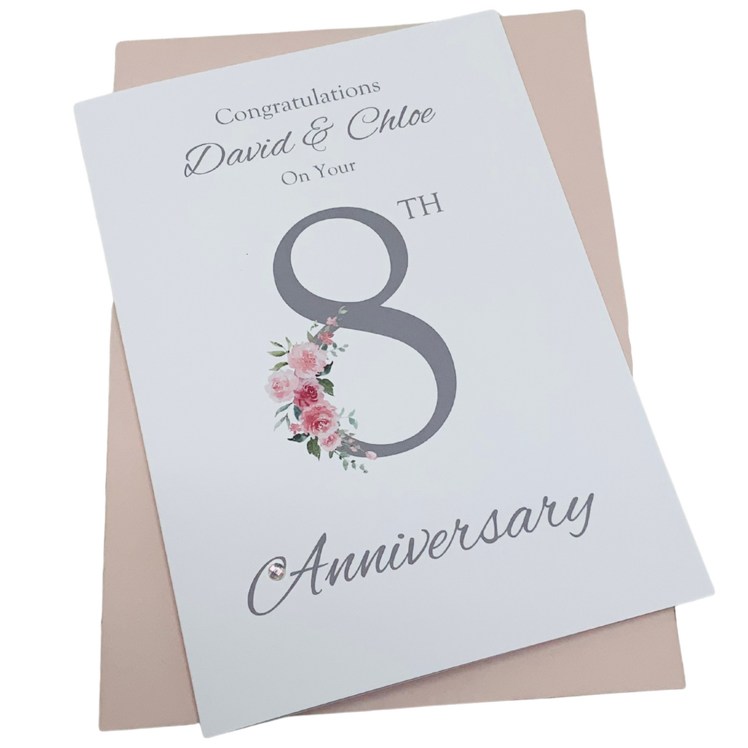 8th Anniversary Card - Bronze 8 Year Eight Wedding Anniversary Luxury Greeting Card Personalised - Floral Number