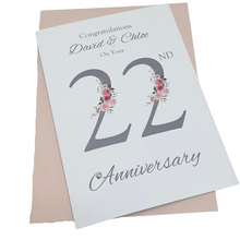 Load image into Gallery viewer, 22nd Wedding Anniversary Card - Copper 22 Year Twenty Second Anniversary Luxury Greeting Card, Personalised - Floral Number
