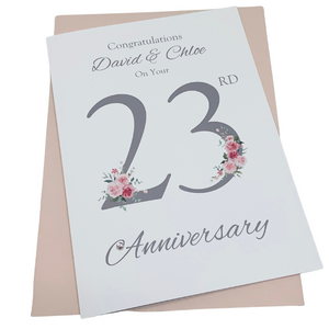 23rd Wedding Anniversary Card - Silver Plate 23 Year Twenty Third Anniversary Luxury Greeting Card, Personalised - Floral Number