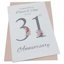 Load image into Gallery viewer, 31st Wedding Anniversary Card - Timepiece 31 Year Thirty First Anniversary Luxury Greeting Card, Personalised - Floral Number
