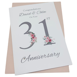 31st Wedding Anniversary Card - Timepiece 31 Year Thirty First Anniversary Luxury Greeting Card, Personalised - Floral Number
