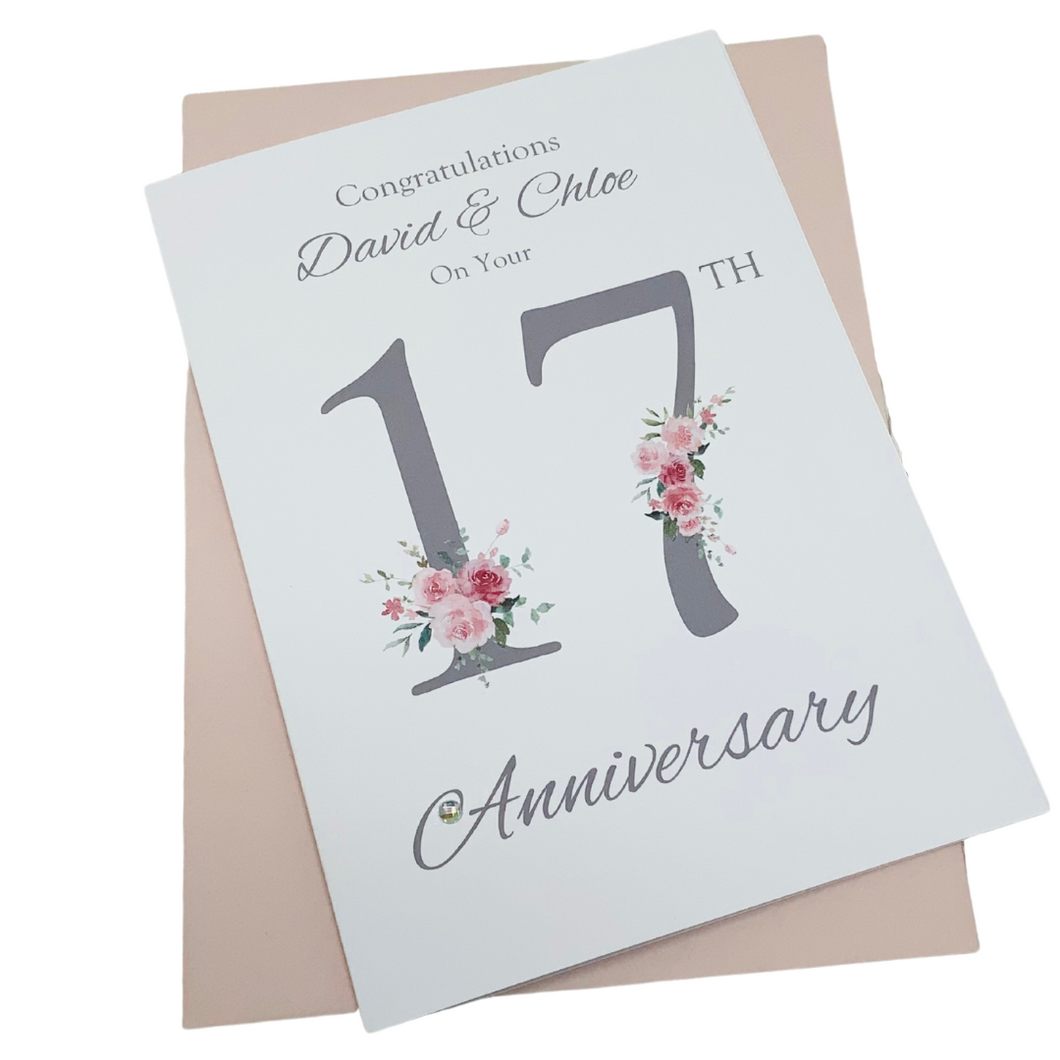 17th Wedding Anniversary Card - Furniture 17 Year Seventeenth Anniversary Luxury Greeting Card Personalised  - Floral Number