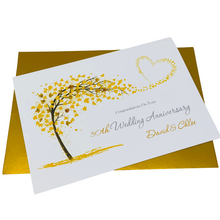 Load image into Gallery viewer, 50th Wedding Anniversary Card - Golden 50 Year Fiftieth Anniversary Luxury Greeting Card Personalised - Sweeping Heart
