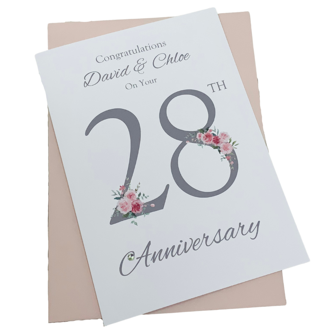28th Wedding Anniversary Card - Orchid 28 Year Twenty Eighth Anniversary Luxury Greeting Card, Personalised - Floral Number