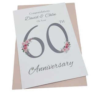 60th Wedding Anniversary Card - Diamond 60 Year Sixtieth Anniversary Luxury Greeting Card Personalised - Floral Number