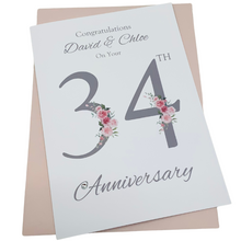 Load image into Gallery viewer, 34th Wedding Anniversary Card - Opal 34 Year Thirty Fourth Anniversary Luxury Greeting Card, Personalised - Floral Number
