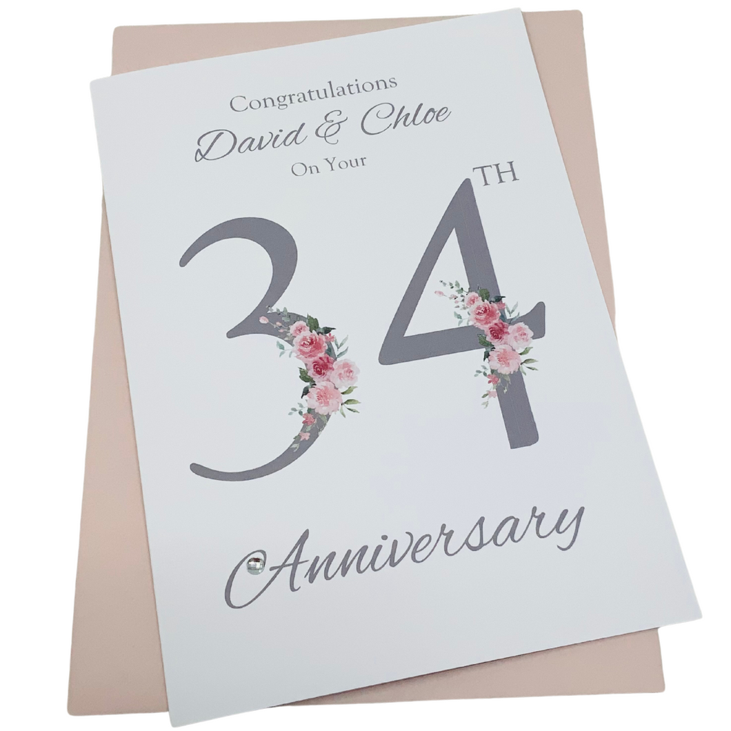 34th Wedding Anniversary Card - Opal 34 Year Thirty Fourth Anniversary Luxury Greeting Card, Personalised - Floral Number