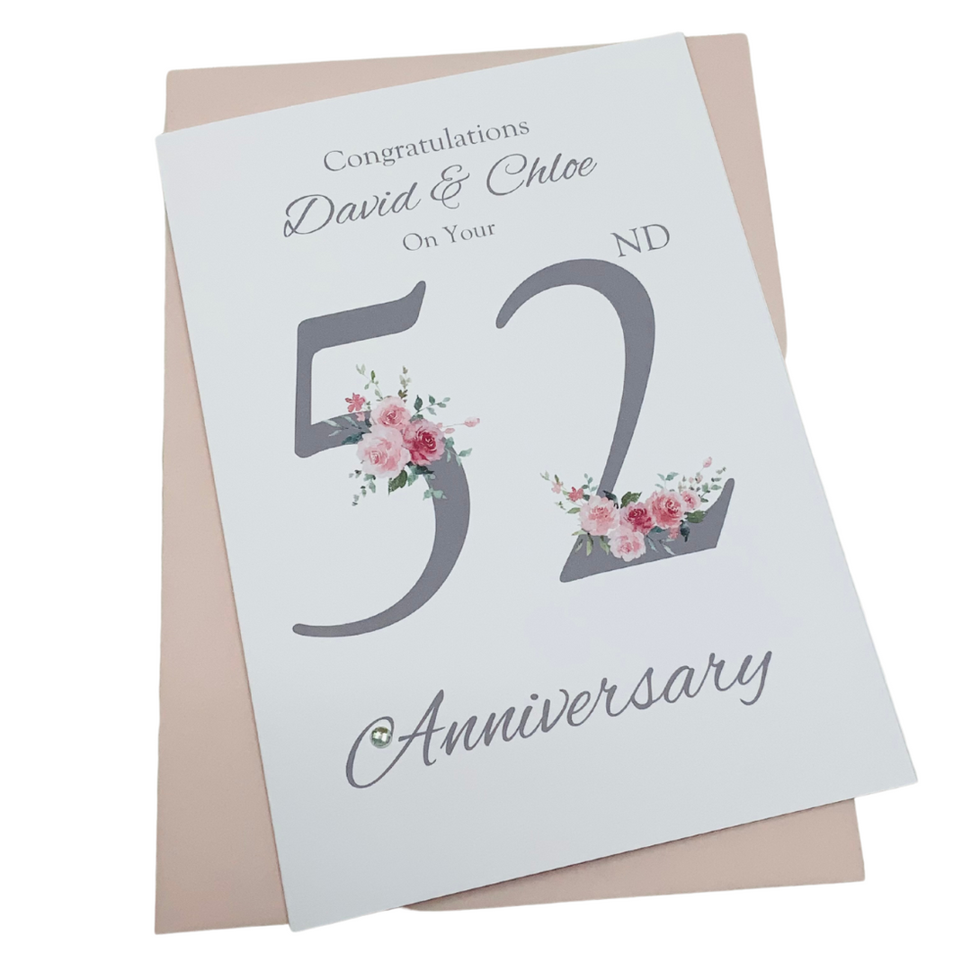 52nd Wedding Anniversary Card - Bath Spa 52 Year Fifty Second Anniversary Luxury Greeting Personalised - Floral Number