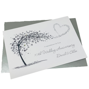 10th Wedding Anniversary Card - Tin 10 Year Tenth Anniversary Luxury Greeting Card, Personalised  - Sweeping Heart