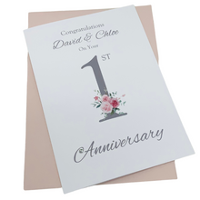 Load image into Gallery viewer, 1st Anniversary Card - Paper 1 Year First Wedding Anniversary Luxury Greeting Card Personalised - Floral Number
