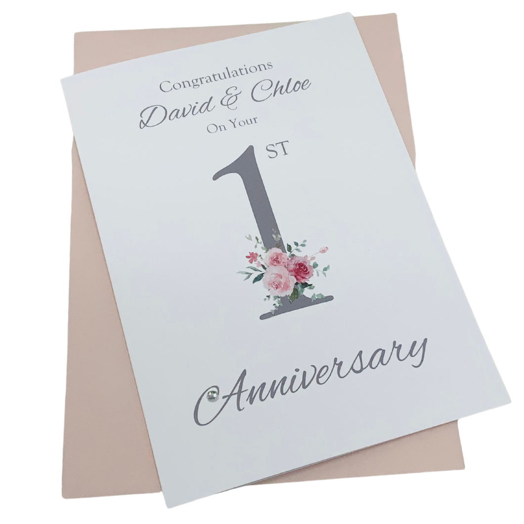 1st Anniversary Card - Paper 1 Year First Wedding Anniversary Luxury Greeting Card Personalised - Floral Number