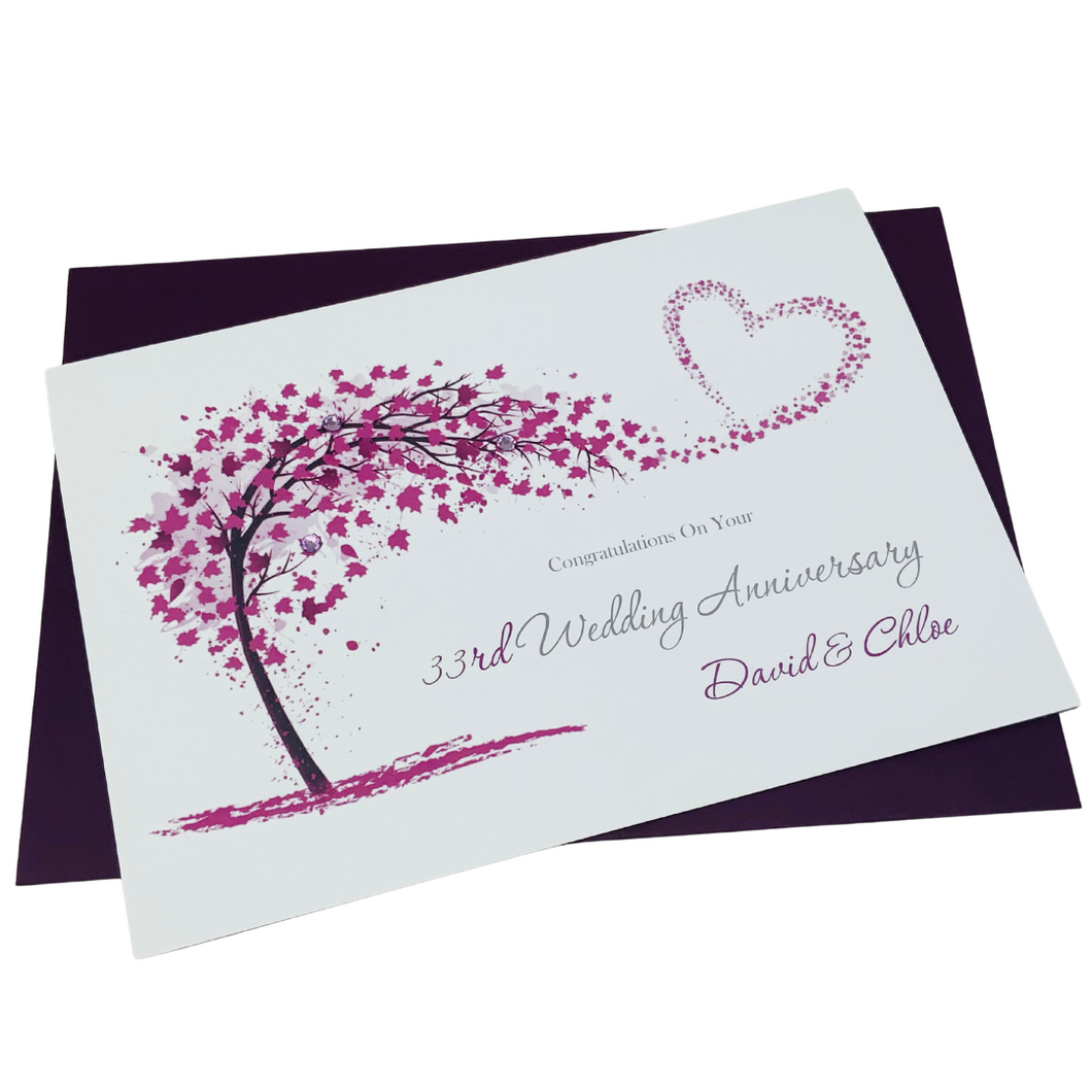 33rd Wedding Anniversary Card - Amethyst 33 Year Thirty Third Anniversary Luxury Greeting Card, Personalised - Sweeping Heart