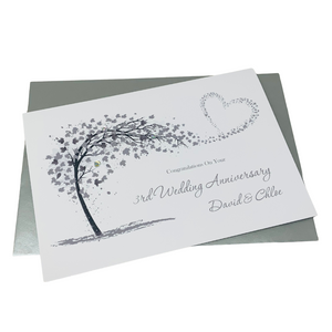 3rd Anniversary Card - Leather 3 Year Third Wedding Anniversary Luxury Greeting Card Personalised - Sweeping Heart