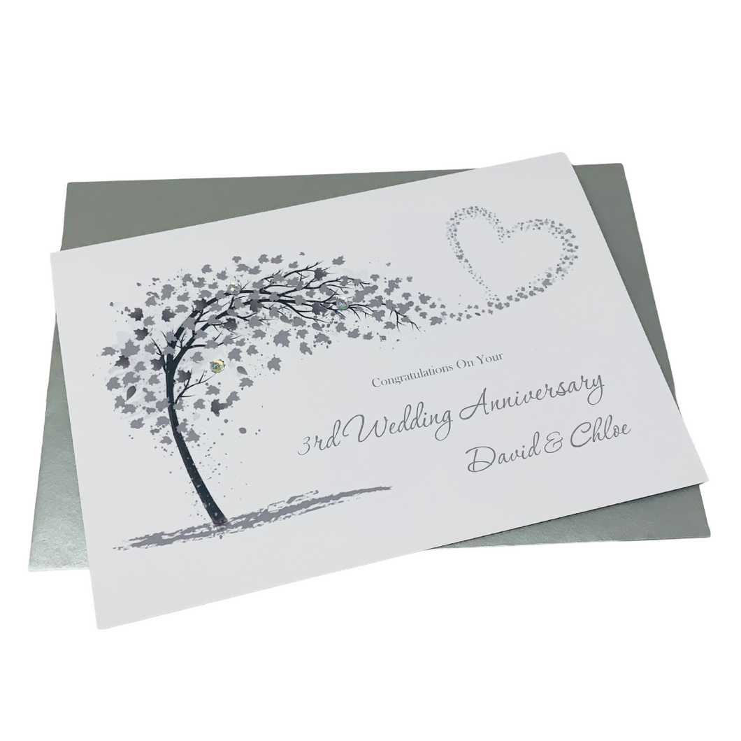 3rd Anniversary Card - Leather 3 Year Third Wedding Anniversary Luxury Greeting Card Personalised - Sweeping Heart