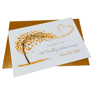 21st Wedding Anniversary Card - Brass 21 Year Twenty First Anniversary Luxury Greeting Card, Personalised - Sweeping Heart