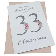 Load image into Gallery viewer, 33rd Wedding Anniversary Card - Amethyst 33 Year Thirty Third Anniversary Luxury Greeting Card, Personalised - Floral Number
