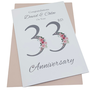 33rd Wedding Anniversary Card - Amethyst 33 Year Thirty Third Anniversary Luxury Greeting Card, Personalised - Floral Number