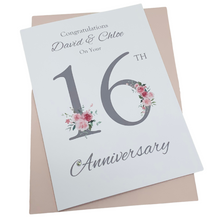 Load image into Gallery viewer, 16th Wedding Anniversary Card - Silver Holloware 16 Year Sixteenth Anniversary Luxury Greeting Card - Floral Number
