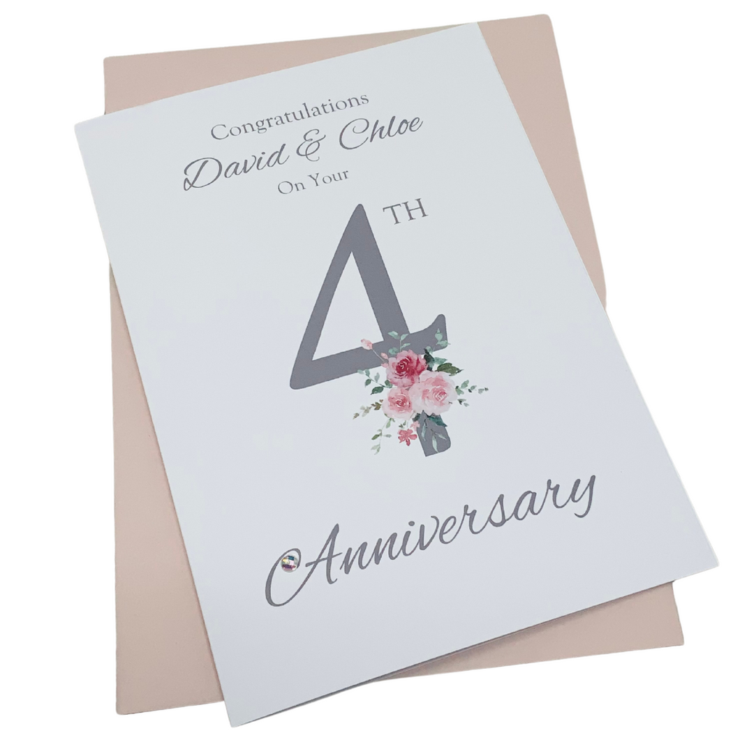 4th Anniversary Card - Linen 4 Year Fourth Wedding Anniversary Luxury Greeting Card Personalised - Floral Number