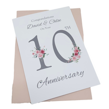 Load image into Gallery viewer, 10th Wedding Anniversary Card - Tin 10 Year Tenth Anniversary Luxury Greeting Card, Personalised  - Floral Number
