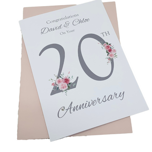 20th Wedding Anniversary Card - China 20 Year Twentieth Anniversary Luxury Greeting Card, Personalised - Floral Number
