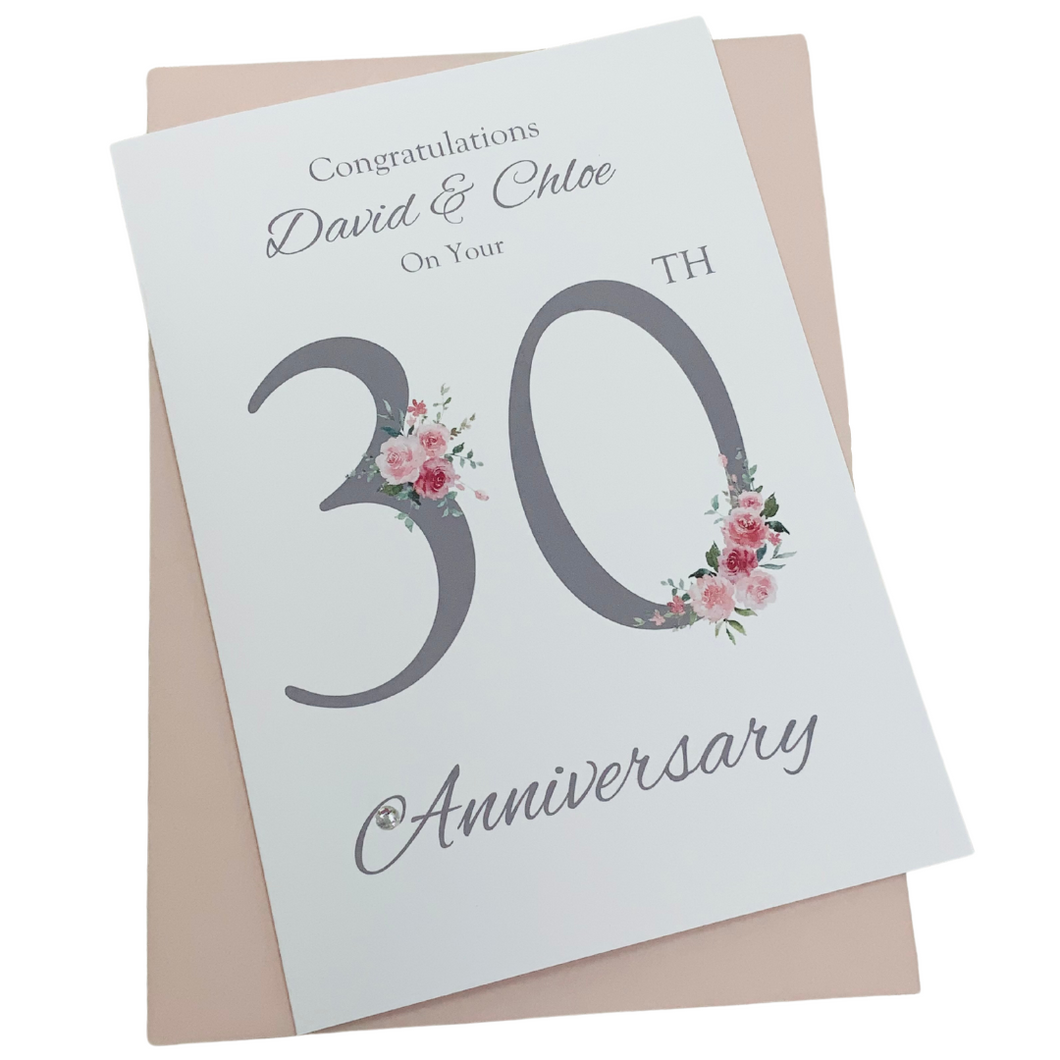 30th Wedding Anniversary Card - Pearl 30 Year Thirtieth Anniversary Luxury Greeting Card, Personalised - Floral Number