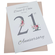 Load image into Gallery viewer, 21st Wedding Anniversary Card - Brass 21 Year Twenty First Anniversary Luxury Greeting Card, Personalised - Floral Number
