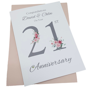21st Wedding Anniversary Card - Brass 21 Year Twenty First Anniversary Luxury Greeting Card, Personalised - Floral Number