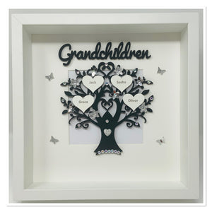Grandchildren Family Tree Frame - Black & Silver Glitter Classic