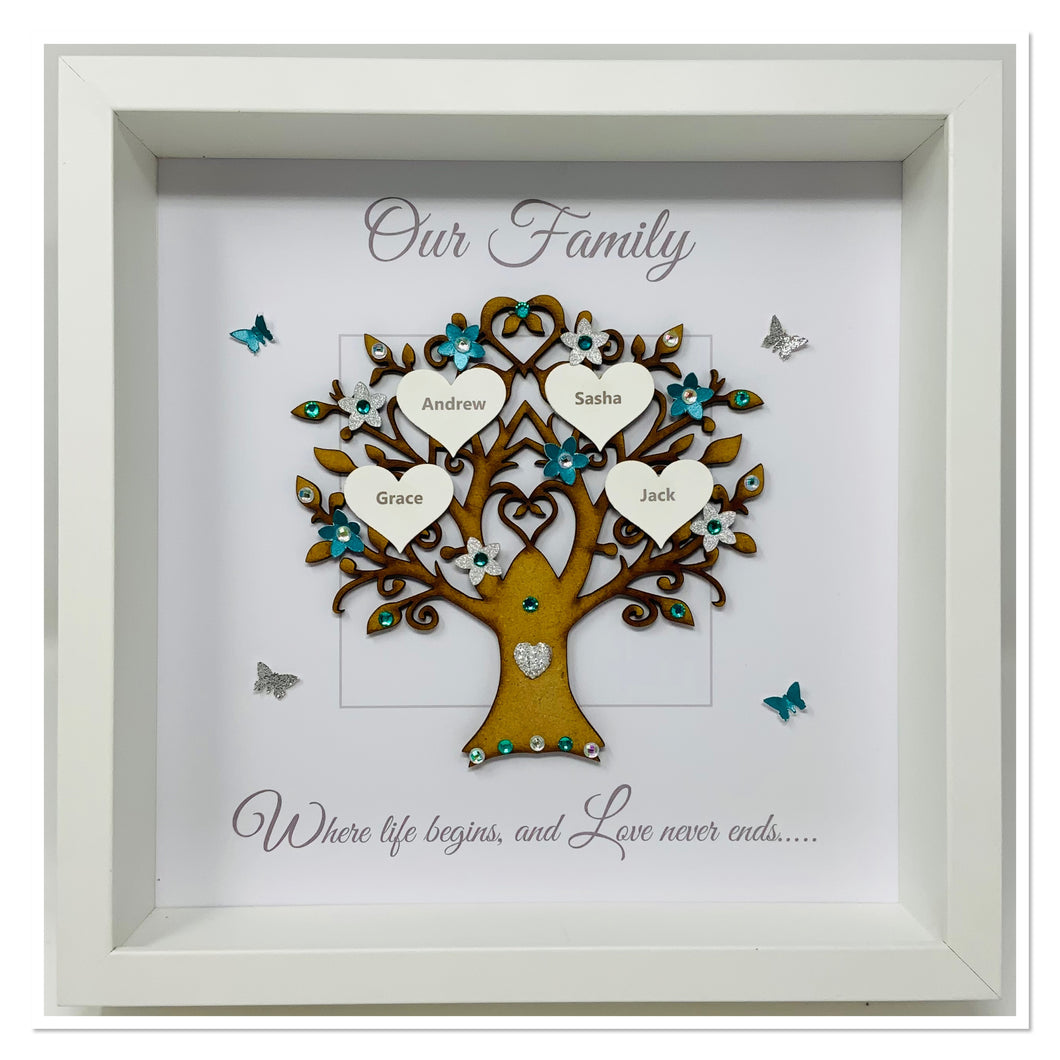 Family Tree Frame - Teal & Silver Glitter 'Our Family' - Contemporary