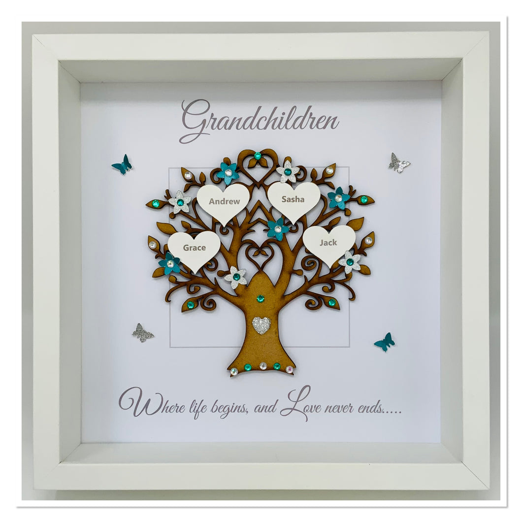 Grandchildren Family Tree Picture Frame - Teal & Silver Glitter - Contemporary