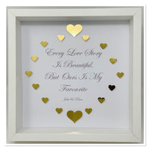 Load image into Gallery viewer, &#39;Every Love Story Is Beautiful&#39; Gold Love Hearts Quote Frame
