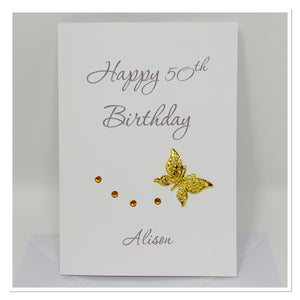 Happy Birthday Gold Butterfly Personalised Card - A8