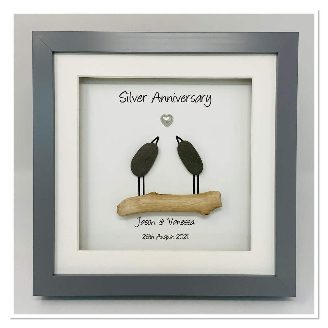 25th Silver 25 Years Wedding Anniversary Frame - Pebble Birds