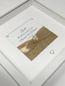 50th Golden Champagne 50 Years Wedding Anniversary Ribbon Frame - Pebble
