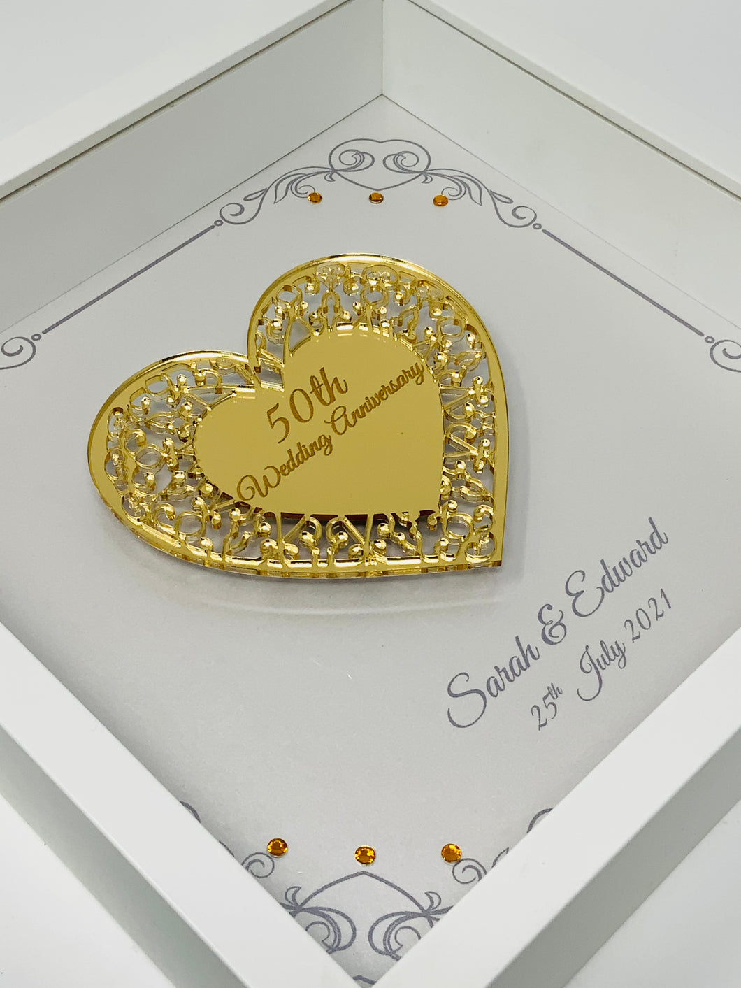 50th Golden 50 Years Wedding Anniversary Frame - Intricate Mirror Heart