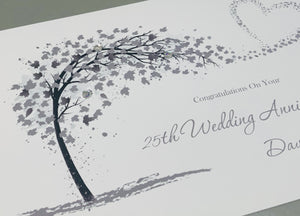 25th Wedding Anniversary Card - Silver 25 Year Twenty Fifth Anniversary Luxury Greeting Card, Personalised - Sweeping Heart