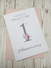 Load image into Gallery viewer, 1st Anniversary Card - Paper 1 Year First Wedding Anniversary Luxury Greeting Card Personalised - Floral Number
