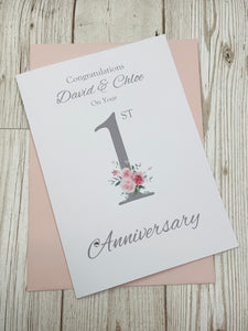 1st Anniversary Card - Paper 1 Year First Wedding Anniversary Luxury Greeting Card Personalised - Floral Number