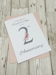 2nd Anniversary Card - Cotton 2 Year Second Wedding Anniversary Luxury Greeting Card Personalised - Floral Number