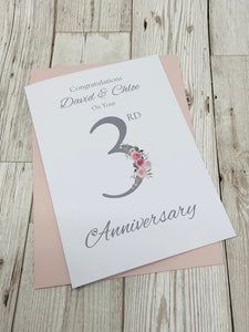 3rd Anniversary Card - Leather 3 Year Third Wedding Anniversary Luxury Greeting Card Personalised - Floral Number